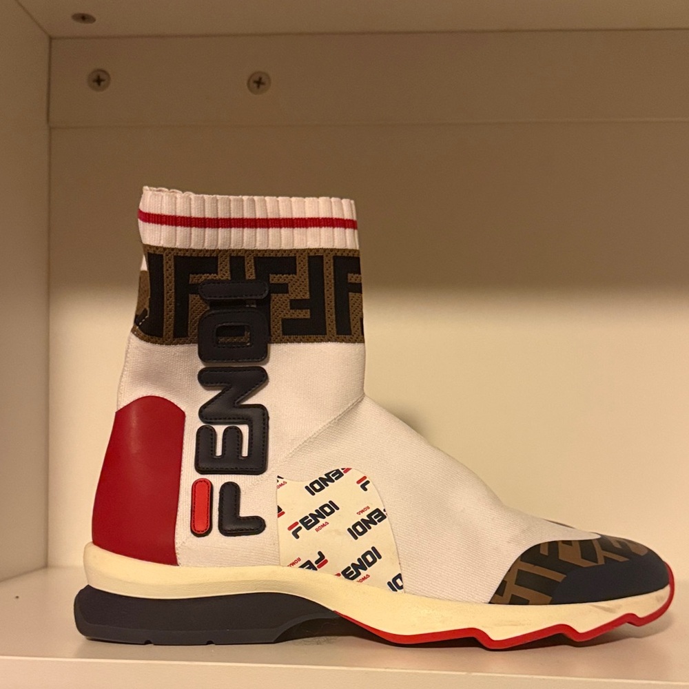 Fendi White and Red Logo Sock Sneakers